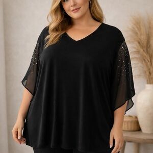 Ulla Popken Black Embellished Sheer Sleeve Tunic Top Womens 20/22 Plus